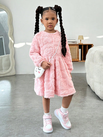 Young Girls' Urban Chic Double-Sided Fleece Long Sleeve Dress With Diagonal Crossbody Bag
