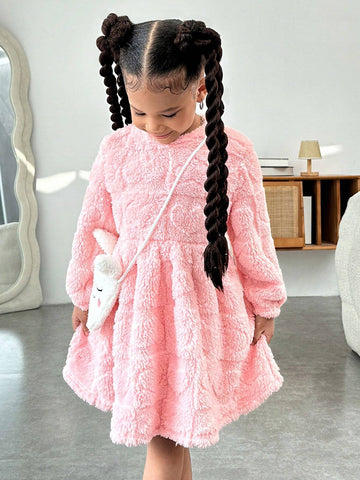 Young Girls' Urban Chic Double-Sided Fleece Long Sleeve Dress With Diagonal Crossbody Bag
