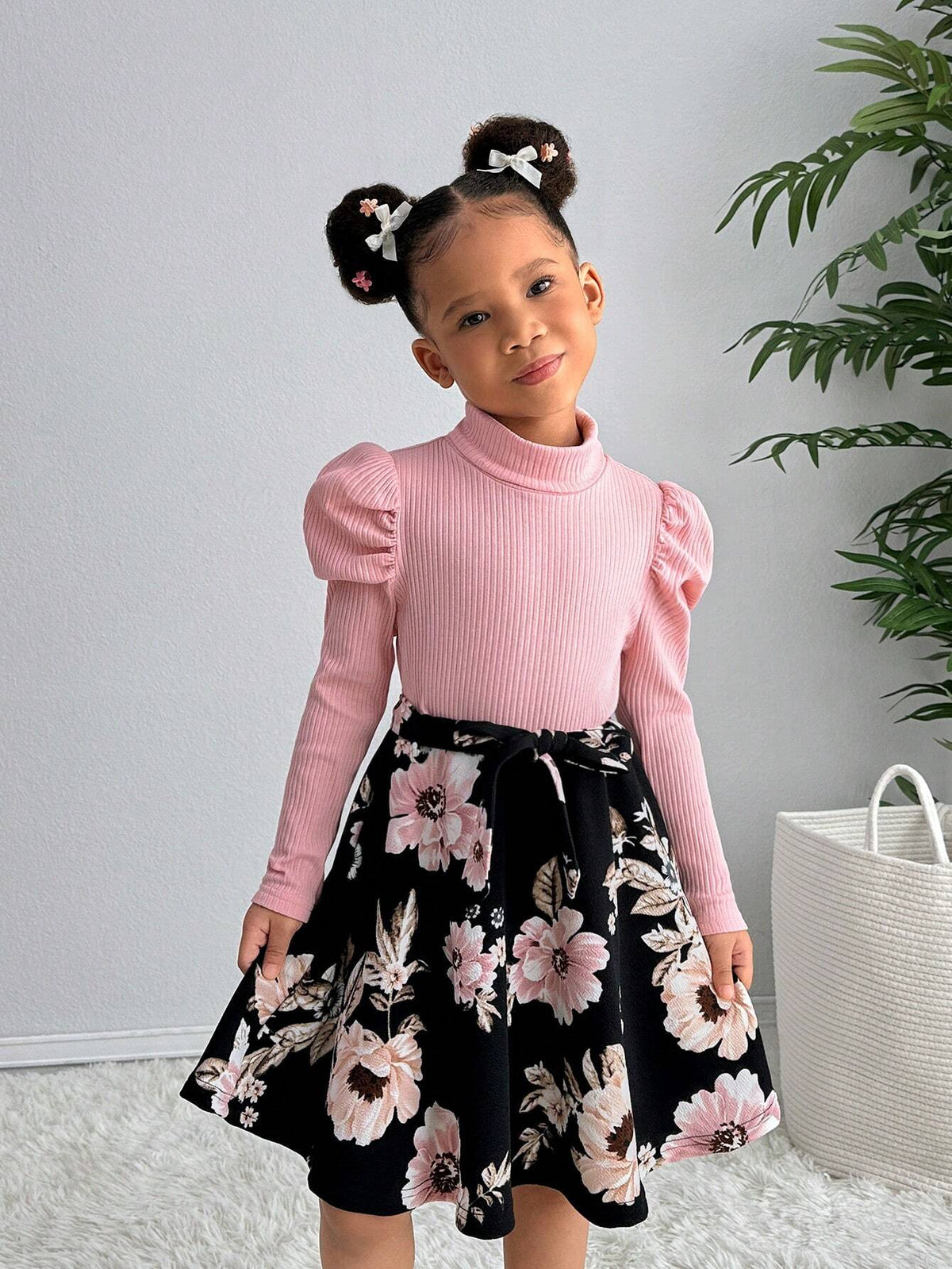 Young Girls' Urban Fashion Knitted Stand Collar Long Sleeve Floral Patchwork Dress