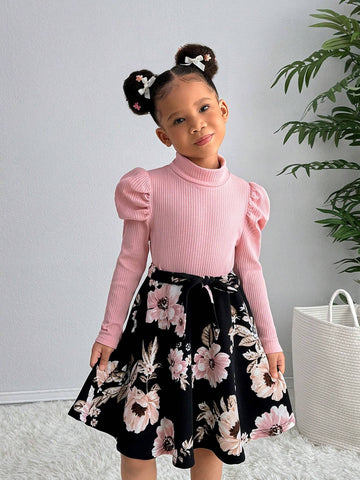 Young Girls' Urban Fashion Knitted Stand Collar Long Sleeve Floral Patchwork Dress