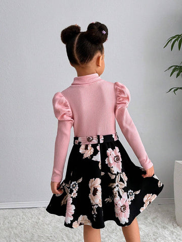 Young Girls' Urban Fashion Knitted Stand Collar Long Sleeve Floral Patchwork Dress