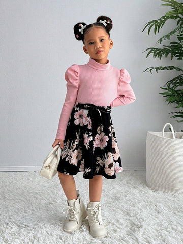 Young Girls' Urban Fashion Knitted Stand Collar Long Sleeve Floral Patchwork Dress