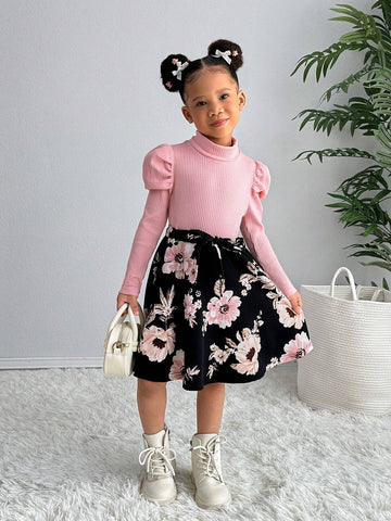 Young Girls' Urban Fashion Knitted Stand Collar Long Sleeve Floral Patchwork Dress