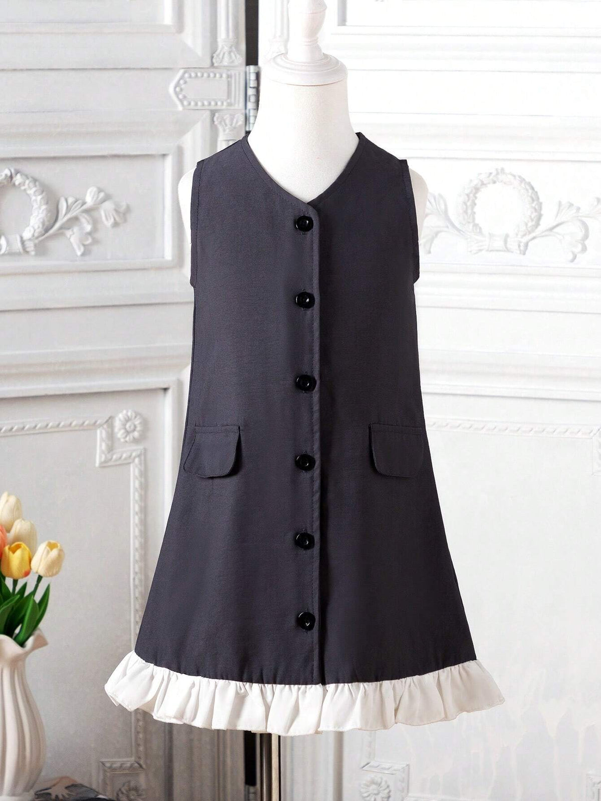 Young Girls' V-Neck Front Button Contrast Ruffle Hem Sleeveless Dress