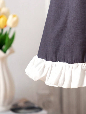 Young Girls' V-Neck Front Button Contrast Ruffle Hem Sleeveless Dress