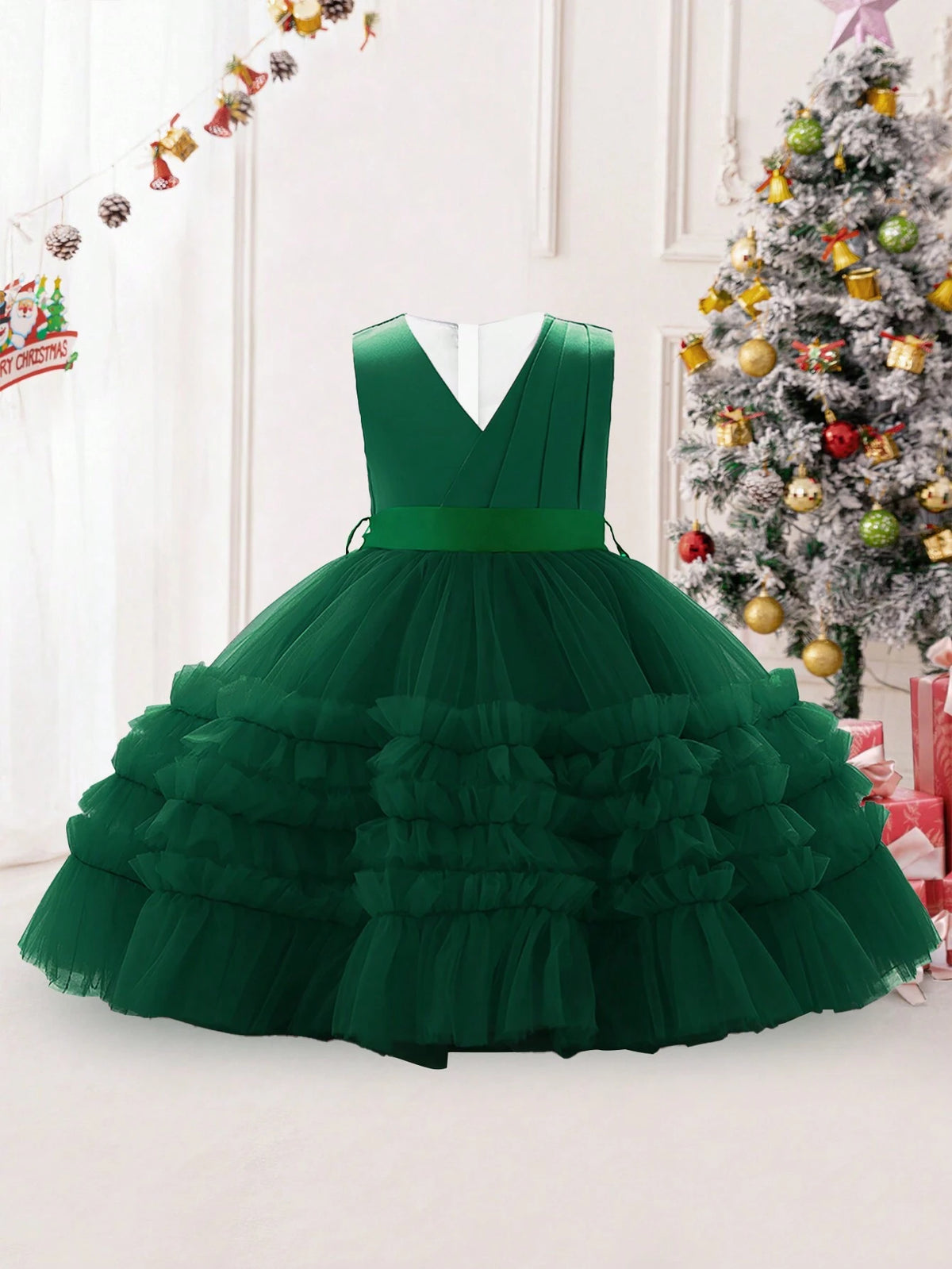 Young Girls V-Neck Solid Mesh Performer Dress, Suitable For Christmas Party & Birthday