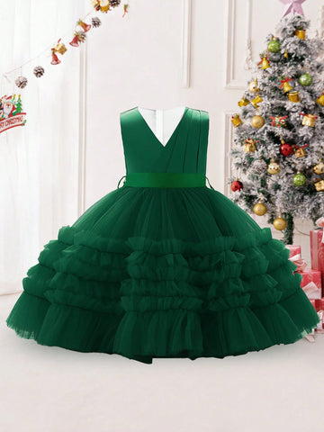 Young Girls V-Neck Solid Mesh Performer Dress, Suitable For Christmas Party & Birthday