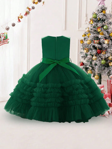 Young Girls V-Neck Solid Mesh Performer Dress, Suitable For Christmas Party & Birthday