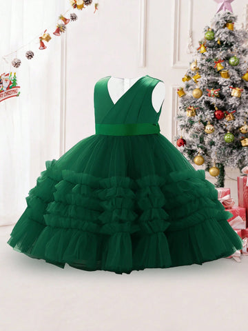 Young Girls V-Neck Solid Mesh Performer Dress, Suitable For Christmas Party & Birthday