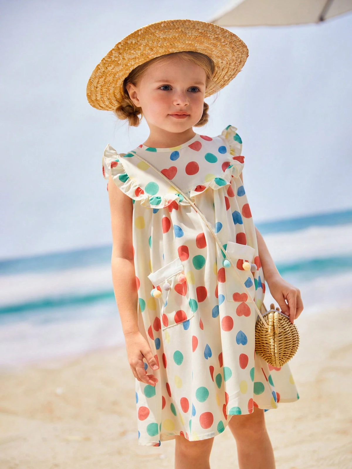 Young Girls' Vacation Beach Colorful Polka Dot Printed Peter Pan Collar Sleeveless Dress