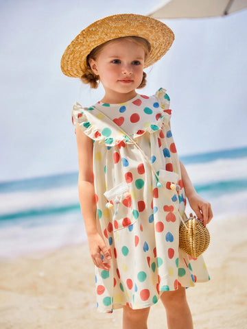 Young Girls' Vacation Beach Colorful Polka Dot Printed Peter Pan Collar Sleeveless Dress