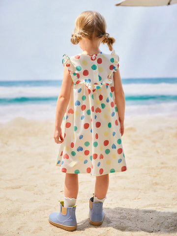 Young Girls' Vacation Beach Colorful Polka Dot Printed Peter Pan Collar Sleeveless Dress