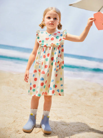 Young Girls' Vacation Beach Colorful Polka Dot Printed Peter Pan Collar Sleeveless Dress