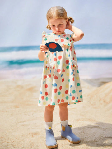 Young Girls' Vacation Beach Colorful Polka Dot Printed Peter Pan Collar Sleeveless Dress