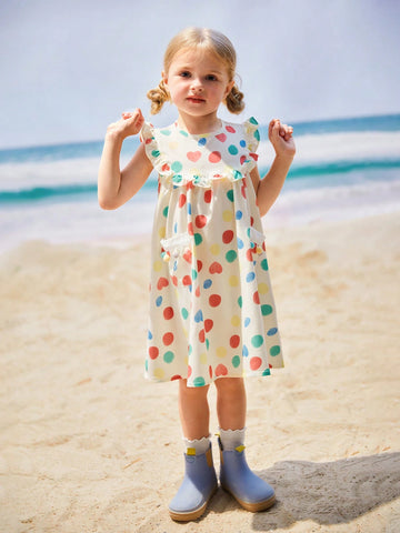 Young Girls' Vacation Beach Colorful Polka Dot Printed Peter Pan Collar Sleeveless Dress