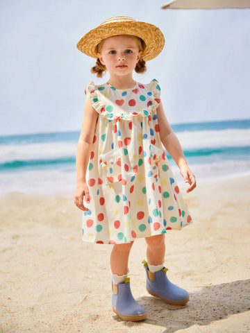Young Girls' Vacation Beach Colorful Polka Dot Printed Peter Pan Collar Sleeveless Dress