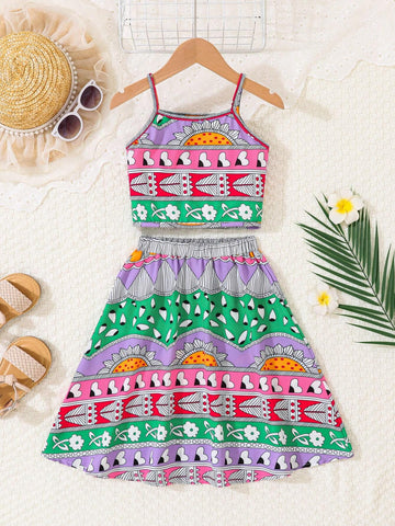 Young Girl's Vacation Casual Print Patchwork Spaghetti Strap Midi Dress Two Piece Set
