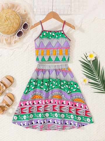 Young Girl's Vacation Casual Print Patchwork Spaghetti Strap Midi Dress Two Piece Set