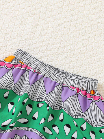 Young Girl's Vacation Casual Print Patchwork Spaghetti Strap Midi Dress Two Piece Set