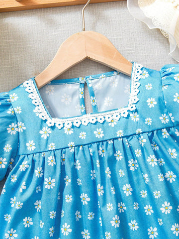 Young Girls Vacation Countryside Style Dress, Vintage Square Collar Contrast Lace Design, Daisy Floral Print, Suitable For Vacation