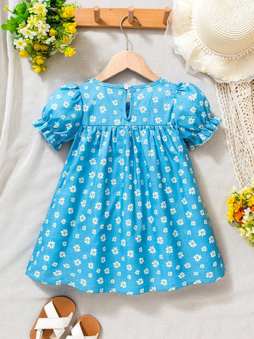 Young Girls Vacation Countryside Style Dress, Vintage Square Collar Contrast Lace Design, Daisy Floral Print, Suitable For Vacation