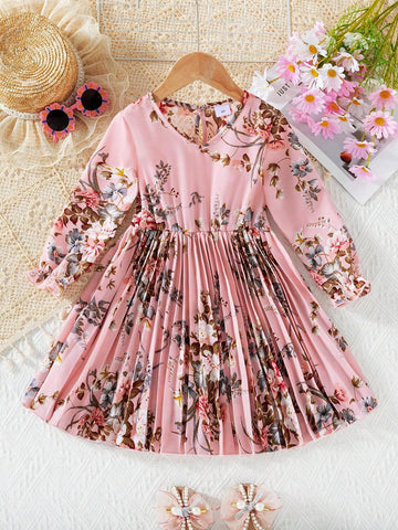 Young Girl's Vacation Floral Print V-Neck Bell Sleeve Pleated Hem Casual Dress