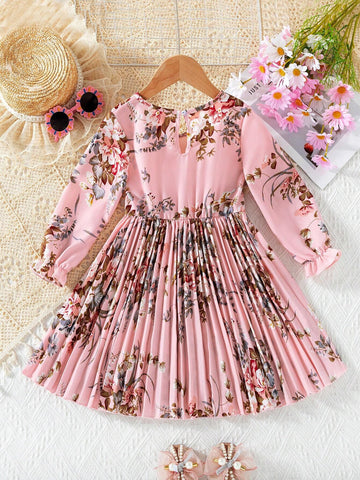 Young Girl's Vacation Floral Print V-Neck Bell Sleeve Pleated Hem Casual Dress