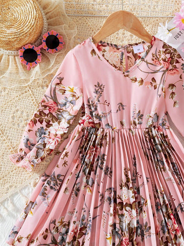 Young Girl's Vacation Floral Print V-Neck Bell Sleeve Pleated Hem Casual Dress