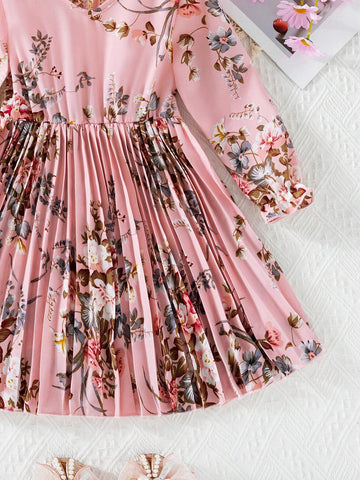 Young Girl's Vacation Floral Print V-Neck Bell Sleeve Pleated Hem Casual Dress