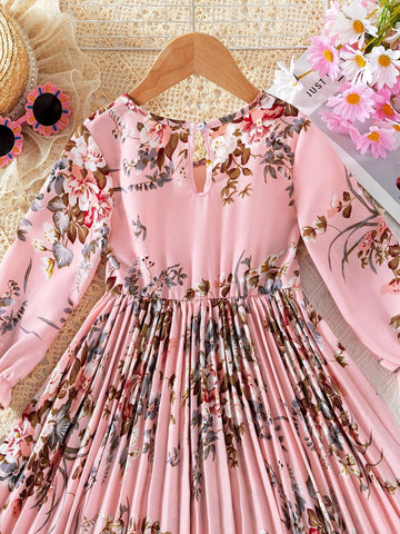 Young Girl's Vacation Floral Print V-Neck Bell Sleeve Pleated Hem Casual Dress