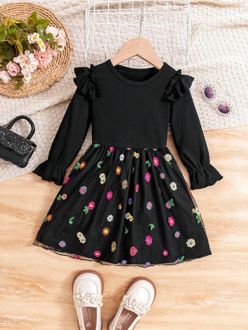 Young Girls' Vacation Knitted Round Neck Ruffle Trim Contrast Lace Embroidery Long Sleeve Dress