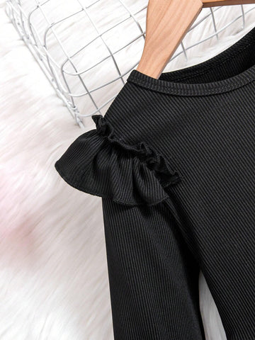 Young Girls' Vacation Knitted Round Neck Ruffle Trim Contrast Lace Embroidery Long Sleeve Dress