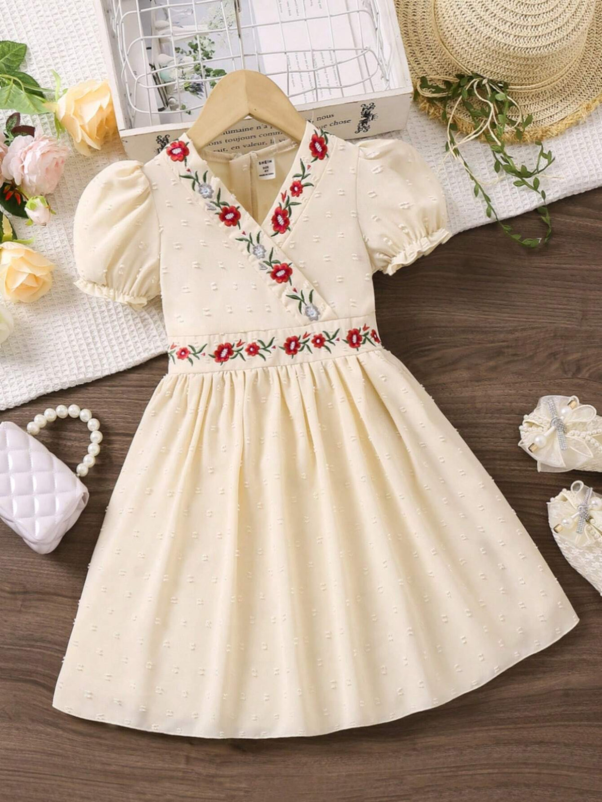 Young Girls' Vacation Leisure Textured Floral Embroidery Bubble Sleeve Dress