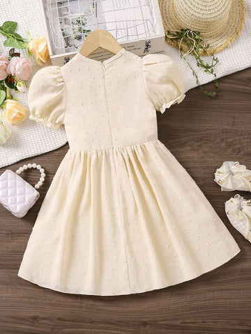 Young Girls' Vacation Leisure Textured Floral Embroidery Bubble Sleeve Dress