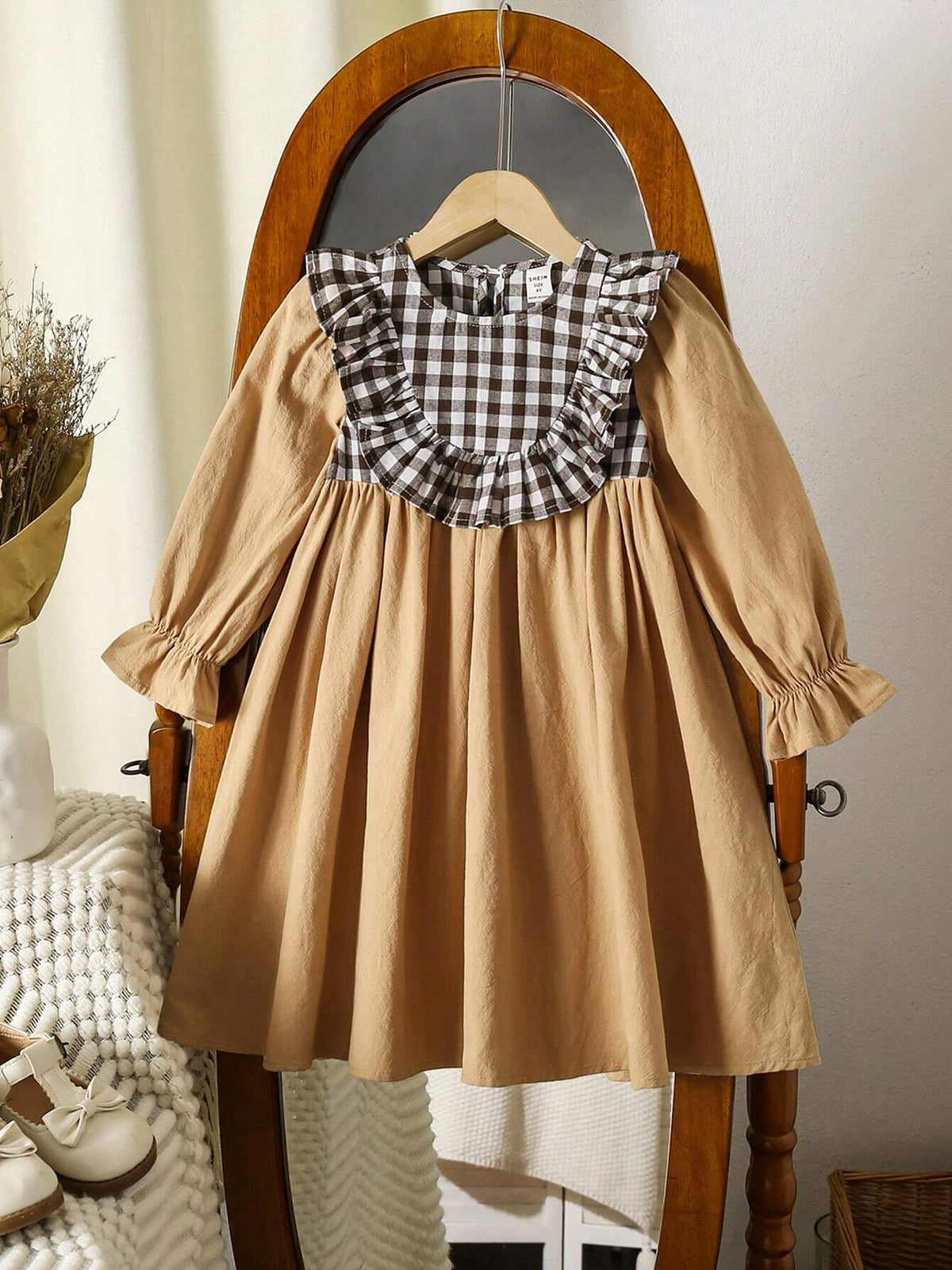 Young Girl's Vacation Ruffle Trimmed Plaid Print Long Sleeve Casual Dress