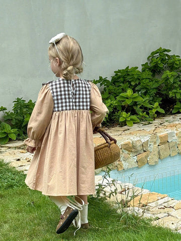 Young Girl's Vacation Ruffle Trimmed Plaid Print Long Sleeve Casual Dress