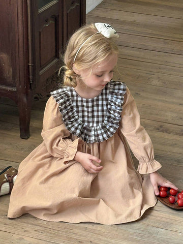 Young Girl's Vacation Ruffle Trimmed Plaid Print Long Sleeve Casual Dress