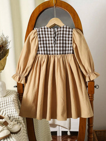 Young Girl's Vacation Ruffle Trimmed Plaid Print Long Sleeve Casual Dress