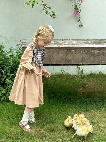 Young Girl's Vacation Ruffle Trimmed Plaid Print Long Sleeve Casual Dress