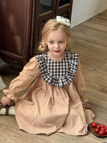 Young Girl's Vacation Ruffle Trimmed Plaid Print Long Sleeve Casual Dress