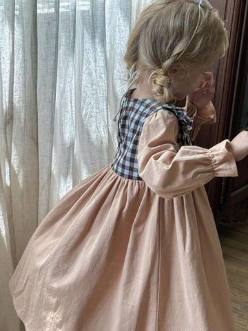 Young Girl's Vacation Ruffle Trimmed Plaid Print Long Sleeve Casual Dress