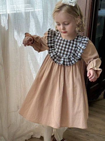 Young Girl's Vacation Ruffle Trimmed Plaid Print Long Sleeve Casual Dress