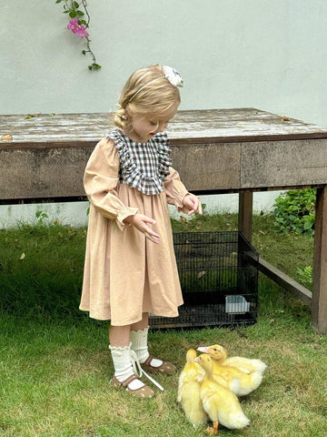 Young Girl's Vacation Ruffle Trimmed Plaid Print Long Sleeve Casual Dress