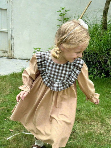 Young Girl's Vacation Ruffle Trimmed Plaid Print Long Sleeve Casual Dress