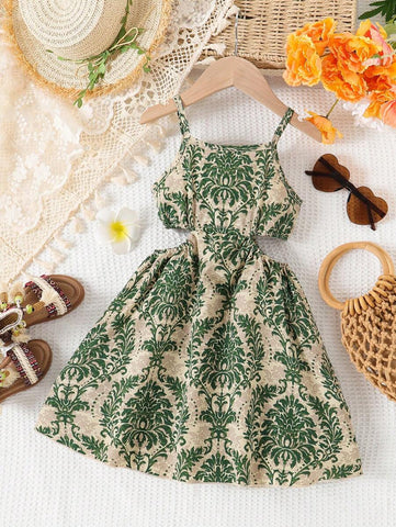 Young Girls' Vacation Style Spaghetti Strap Hollow Out Dress