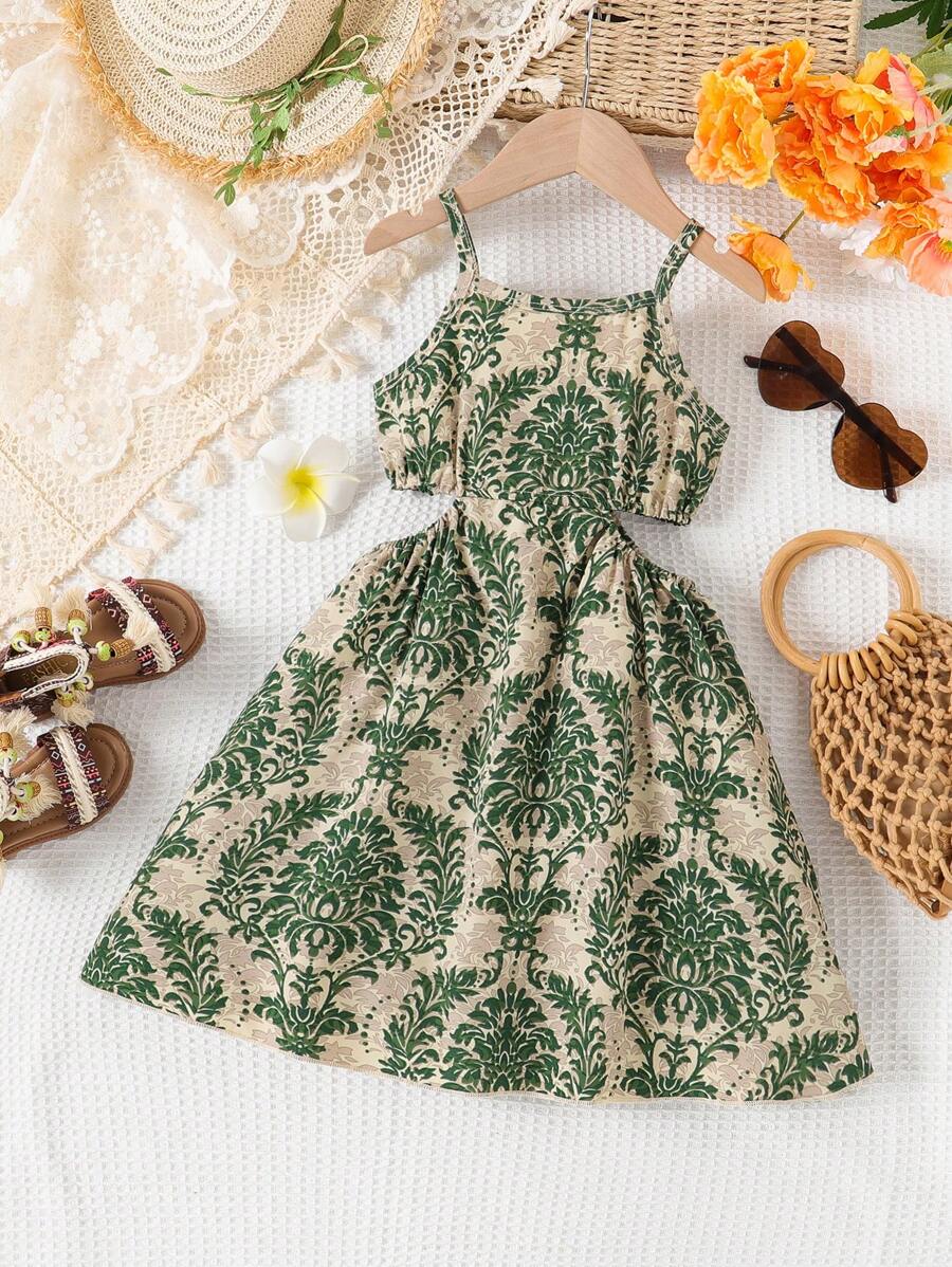 Young Girls' Vacation Style Spaghetti Strap Hollow Out Dress