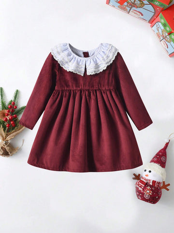 Young Girls Velvet Colorblock Ruffle Collar Long Sleeve Dress