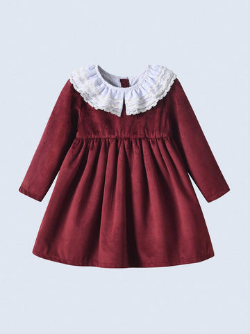 Young Girls Velvet Colorblock Ruffle Collar Long Sleeve Dress