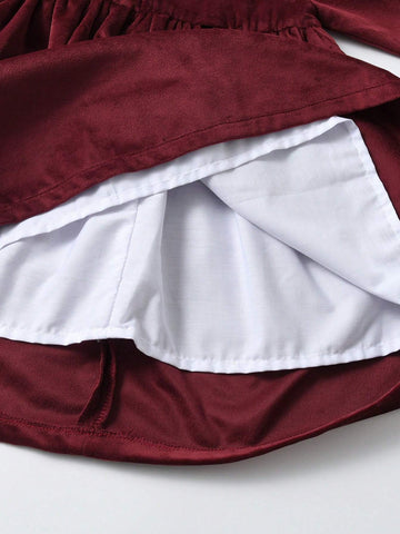 Young Girls Velvet Colorblock Ruffle Collar Long Sleeve Dress