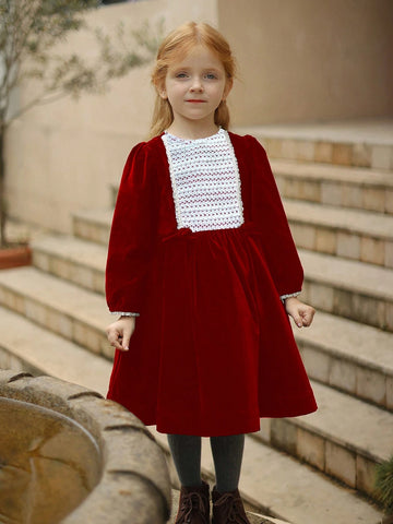 Young Girls Velvet Contrast Lace Trim -Style Dress, Elegant Palace-Inspired Outfit For Autumn/Winter
